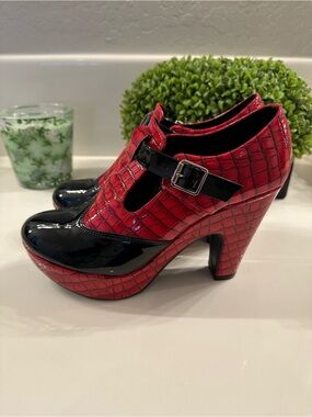 Red Croc-Embossed Mary Jane Platform Heels with Black Patent Toe